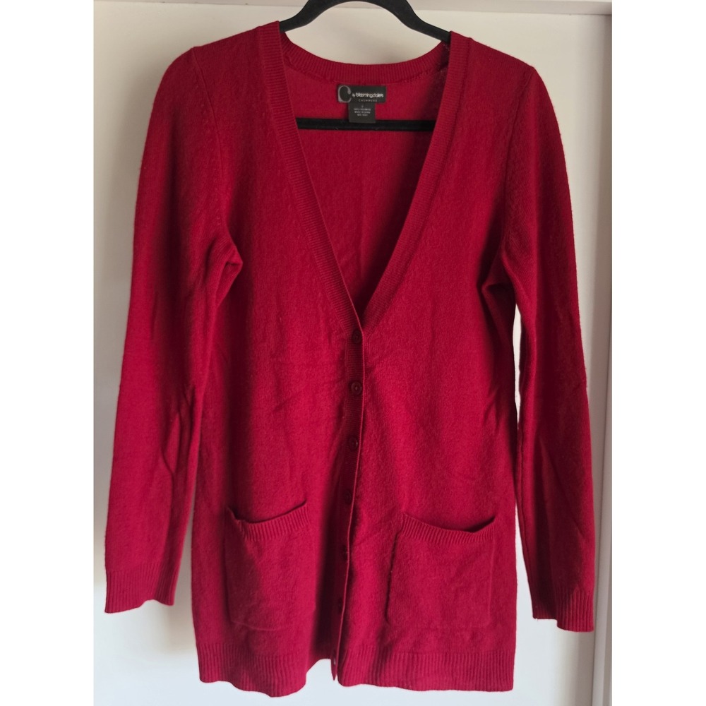 Bloomingdale's Cardigan Women S Red 100% Cashmere V-Neck Long Sleeve Classic